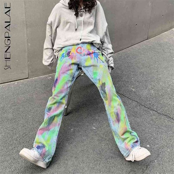 

streetwear graffiti jeans women's spring high waist loose straight hip hop denim pants female tide 5c833 210427, Blue