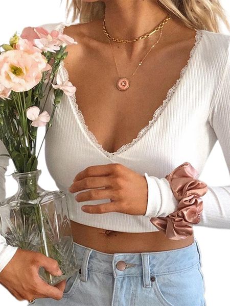 

women's t-shirt women autumn long sleeve clothes solid color lace up tee shirt v neck backless ladies shirts clothing, White