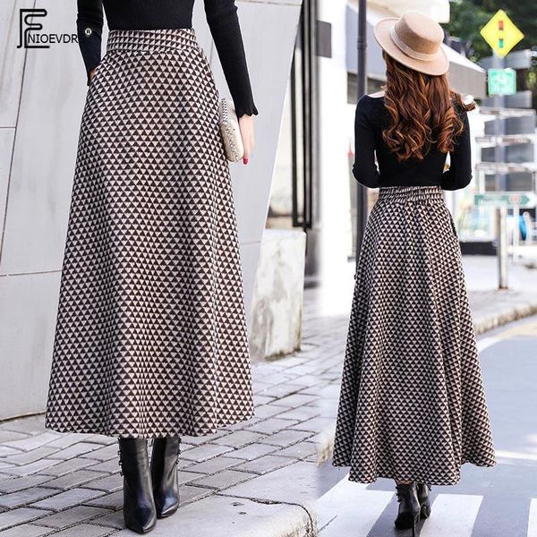 

line winter skirts women fashion warm design elegant lady office long skirt plaid printed elastic high waist, Black