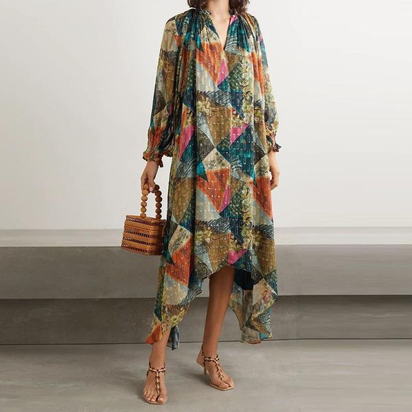 

casual dresses autumn boho print maxi dress women vestidos beach ethnic lady gypsy long sleeve loose female, Black;gray