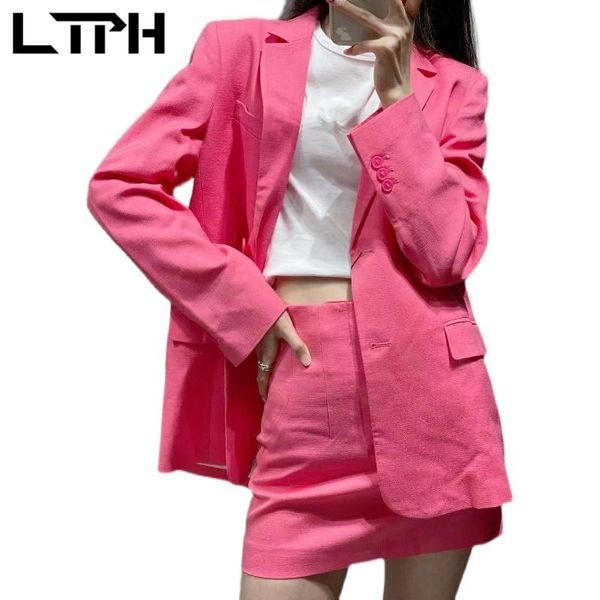 

two piece dress ltph chic cotton and linen suit women blazer 2 set high waist zipper pocket casual outfits skirt suits 2021 summer, White