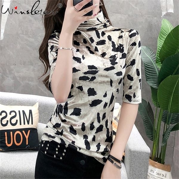 

t shirt women tshirt new spring/autumn vintage turtleneck soft velvet print half sleeve t-shirt slim ropa mujer 210317, White