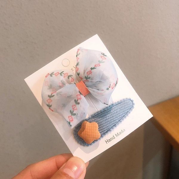 

hair accessories children blue organza flower print bb clip girl cute kid headwear good looking toddler hairpins headdress, Slivery;white