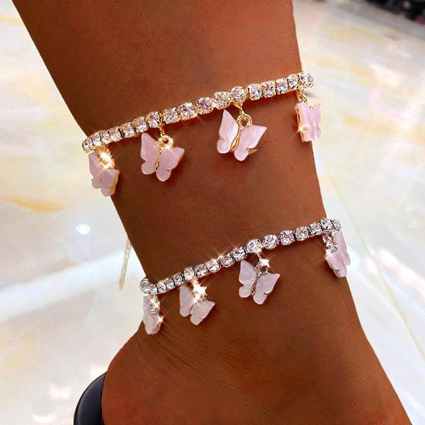 

anklets jjfoucs 2021 boho lovely purple pink acrylic metal butterfly anklet women gold silver color 4mm crystal tennis jewelry, Red;blue