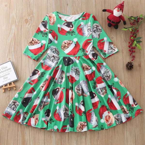 

girl's dresses kids girls christmas dress santa print party long sleeves 0-neck princess children casual clothes xmas year vestidos, Red;yellow