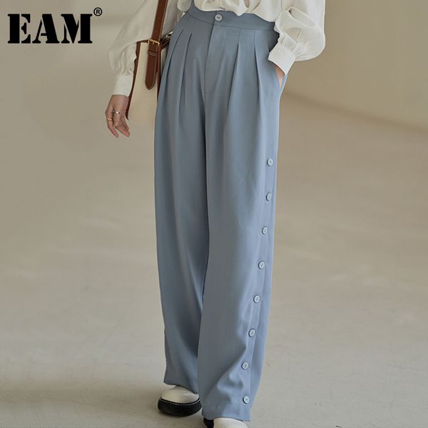 

[eam] black casual buttons high waist wide leg trousers loose fit full length pants women fashion spring summer 210512, Black;white