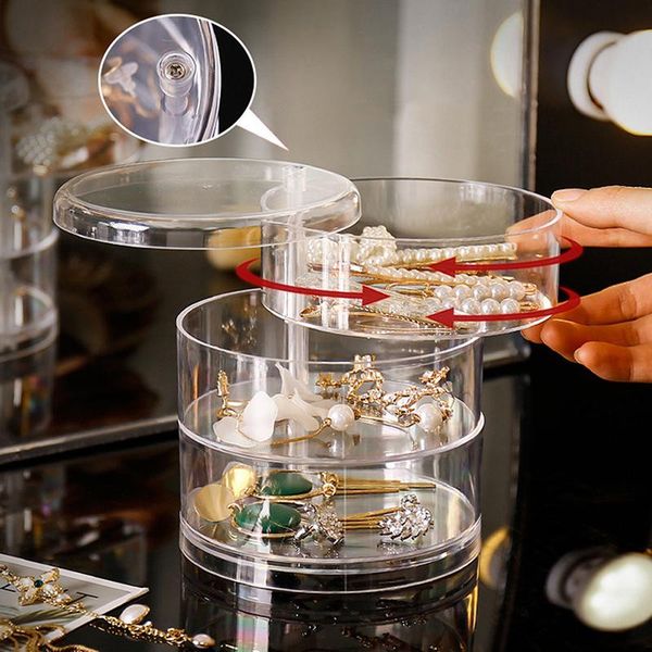 

storage boxes & bins 2/3layers rotating jewelry box makeup organizer transparent bracelet earrings plastic display rack dust-proof