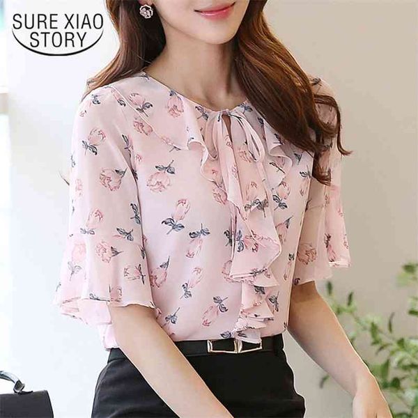 

summer sweet style chiffon short sleeved blouses print ruffles o-neck women causal fashion clothing d668 30 210506, White