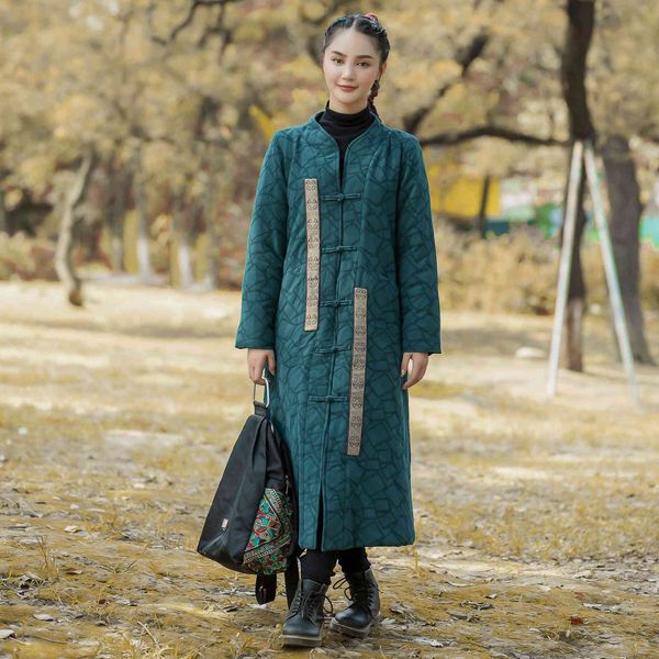 

johnature women chinese style jacquard parkas winter button warm stand long sleeve women parkas patchwork coats 210521, Black
