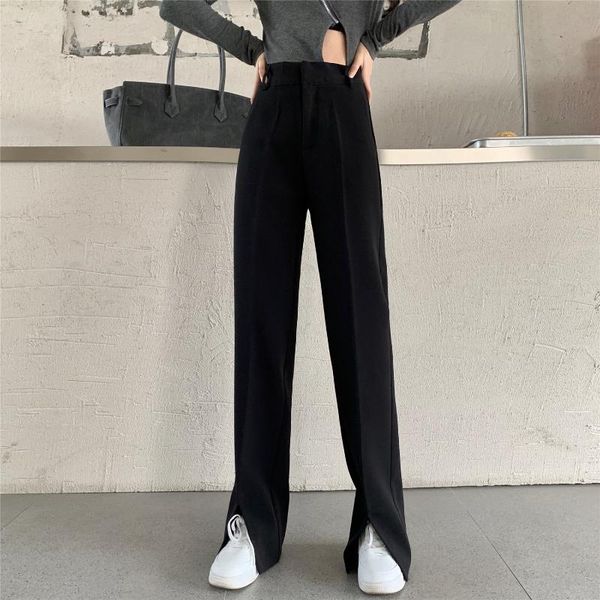 

women's pants & capris harajuku front fork wide-leg suit women loose high waist straight barrel drop-off casual trousers 829c, Black;white