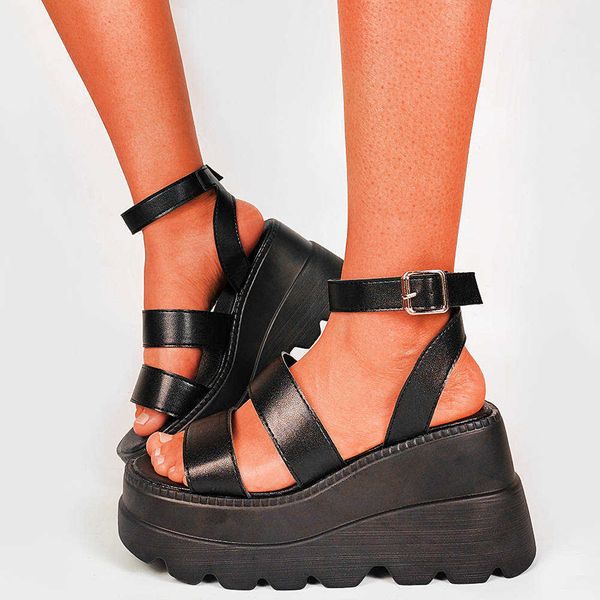 

sandalias gruesas con plataforma para mujer,zapatos de verano con plataforma y correa de hebilla, cuas gticas punk, renkli neg y0721, Black