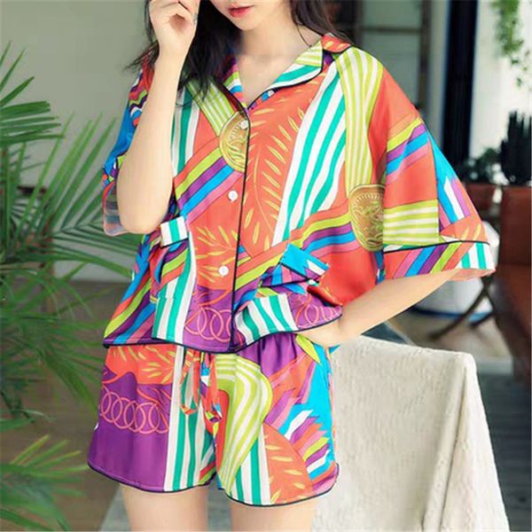 

personality pattern printed sleepwear women lapel neck home clothing for spring summer short sleeve shorts pajamas 2 piece suit, Blue;gray
