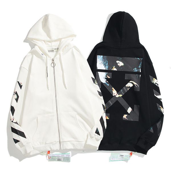 

new off religious fashion brand angel oil painting arrow hoodie zipper men's and women's sweater loose couple top, Black