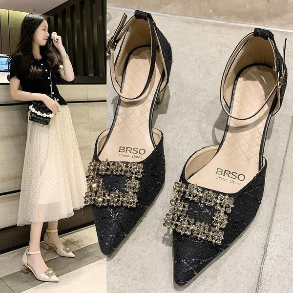 

dress shoes summer fashion high heeled women's diamond pointed single fairy style mid heel thick one line sandals, Black