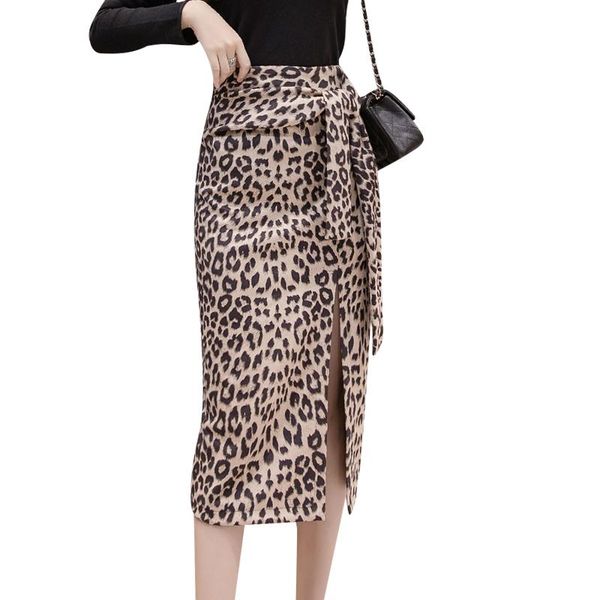 

skirts autumn women animal leopard print open side slits pencil skirt spring streetwear fashion zipper tie up wrap waist midi, Black
