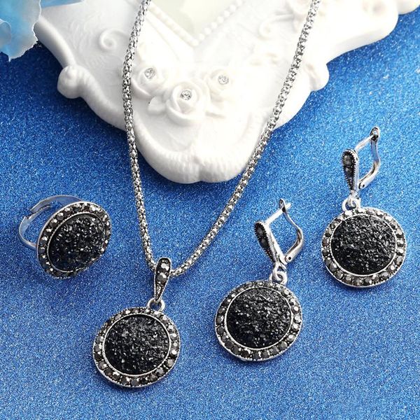 

earrings & necklace minhin 3pcs vintage black rhinestone jewelry sets for women antique silver plated round stone charms pendant gift