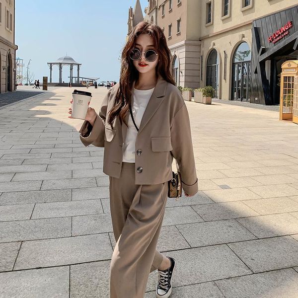 

women 2 piece set 2021 autumn casual blazers loose office ladies business suit female korean fashion blazer + suits pant, White
