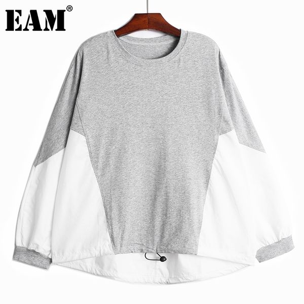 

[eam] women gray big size contrast color spliced drawstring t-shirt round neck long sleeve fashion spring autumn 1dd8233 21512, White