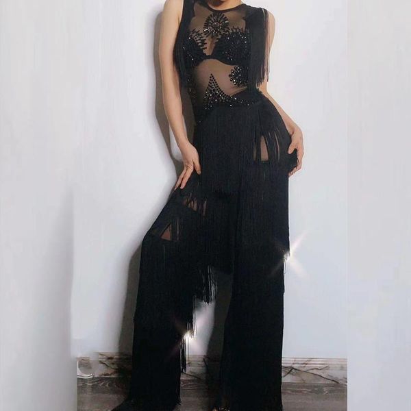 

women's jumpsuits & rompers fashion party mesh tassel women black see through rhinestone fringes nightclub jazz singer dj stage wear, Black;white