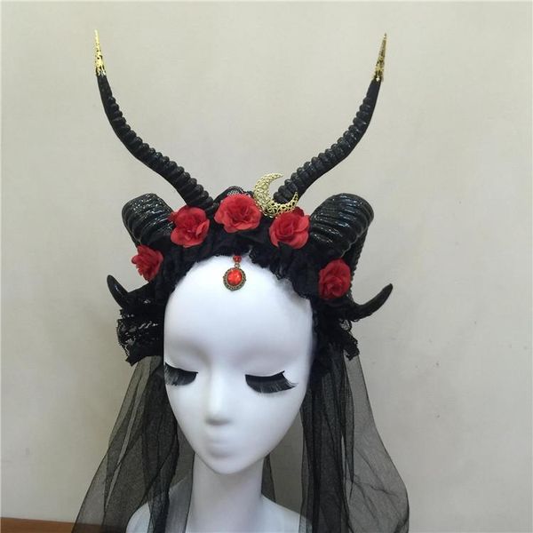

party masks ram sheep horns headband with moon detail punk flowers headdress gothic headpiece