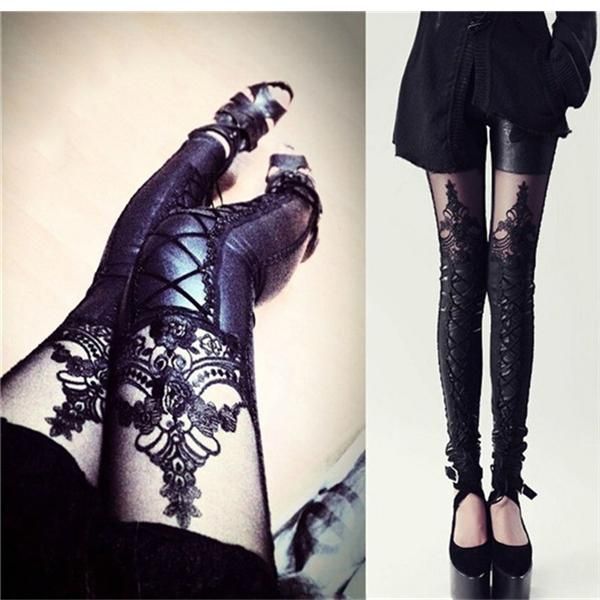 

women pants lace faux patchwork mesh black solid color mid waist anle length 2021 fashion pencil women's & capris, Black;white