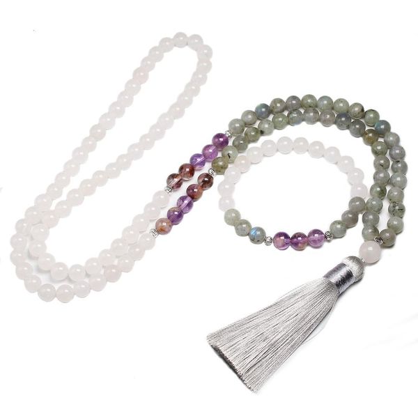 

jewelry sets natural 8mm grey labradorite and auralite 23 beads necklace 108 bead mala white chalcedony buddha bracelet women men, Black