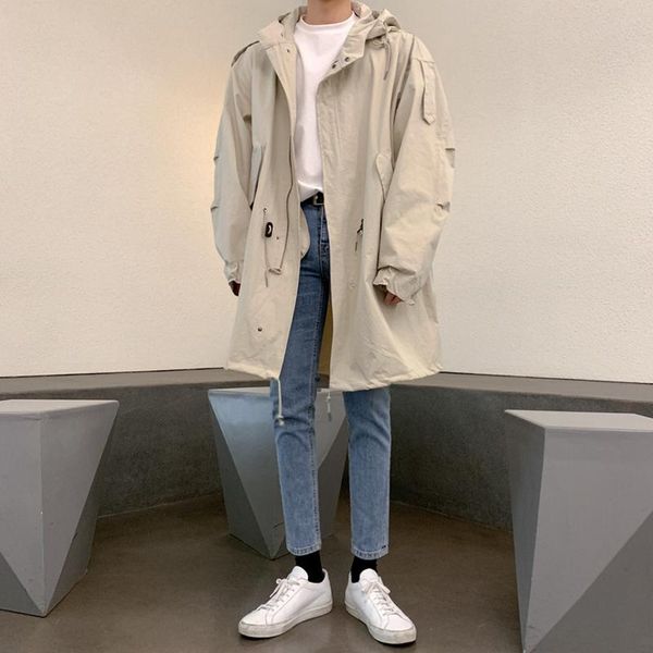 

men's trench coats japanese hooded windbreaker mid-length korean style trendy handsome loose casual autumn work jacket, Tan;black