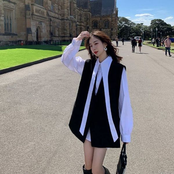 

women's blouses & shirts [two-piece suit] design niche long-sleeved shirt + fashionable outer suit and vest french elegant women c, White