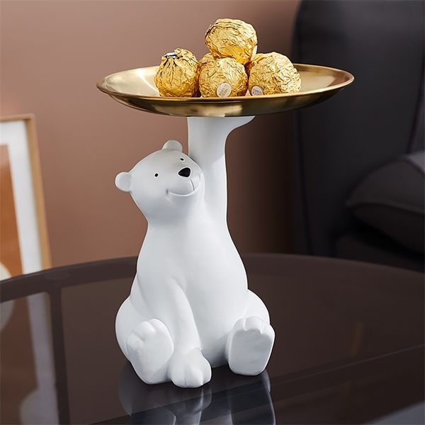 Kreative weiße Bär Statue Ablageschale Nordic Home Decor Wohnzimmer Tischdekoration Snacks Handwerk 210827