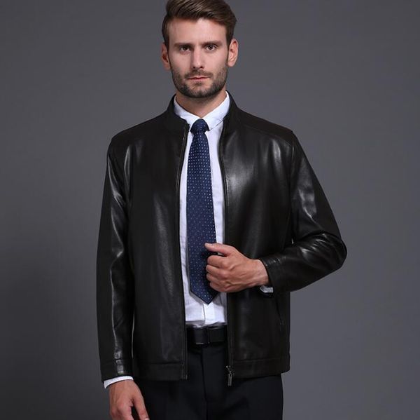 

men's fur & faux 2021 mens sheepskin standing collar jackets men business casual plus velvet outerwear winter genuine leather jacket, Black