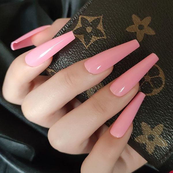 

false nails 24pcs super long peach pink coffin for women faux ongels acrylic artificial press on fake nail tips, Red;gold