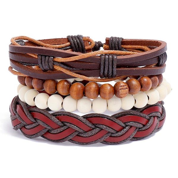 

pcs/set handmade weave charm wrap leather wood beads mens bracelets women multi-layer bangles male jewellery pulseras mujer bangle, Black