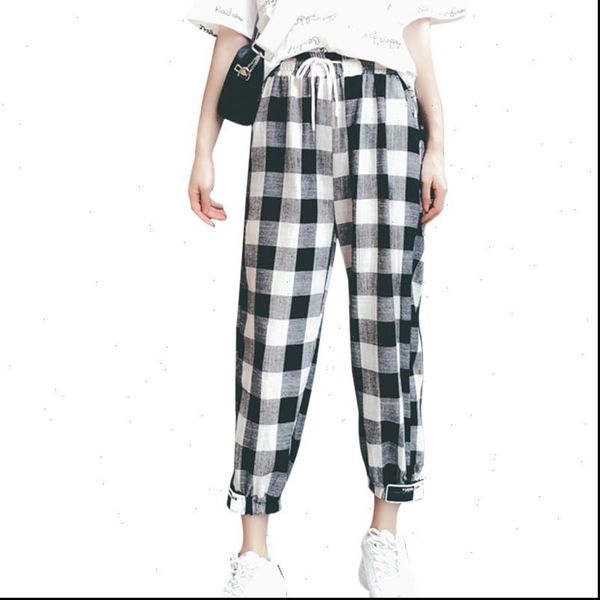 

korean womens pants style women mid waist straight plaid print ankle length polyester vadim harajuku pantalon femme befree, Black;white