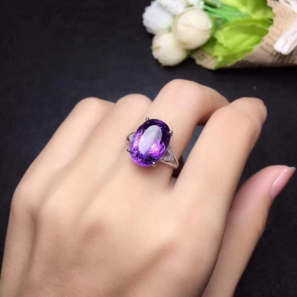 

cluster rings natural and real classic silver 925 jewelry amethyst for women with oval shaped gemstones engagement female gift, Golden;silver