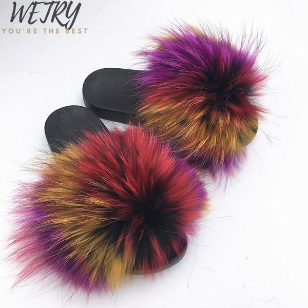 

big full fur slippers real hair slides beach holiday for women, Black