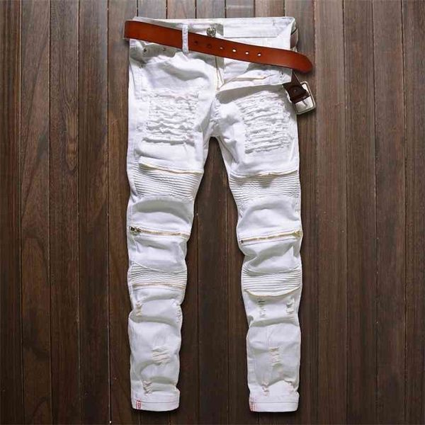 Jeans Skinny Homens Branco Rasgado Joelho Zíper Moda Casual Slim Fit Motociclista Hip Hop Destroy Stretch Denim Calças Motocicleta 210716