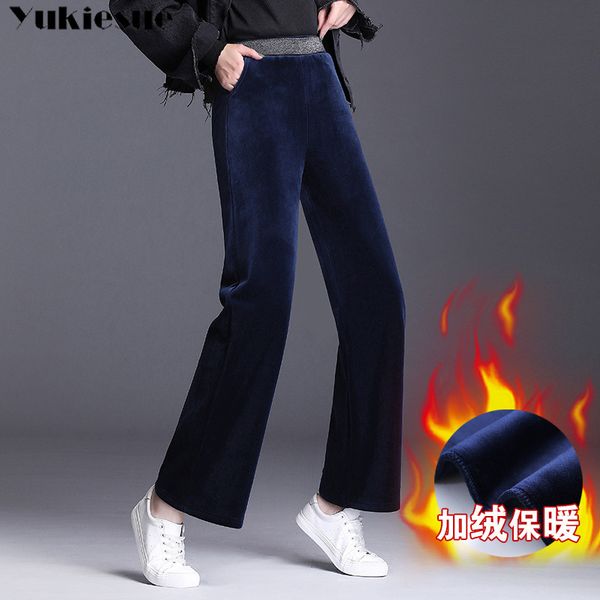 

women winter warm pants velvet thick trousers high waist elastic middle aged mother stretch straight wide leg pants plus size 210518, Black;white