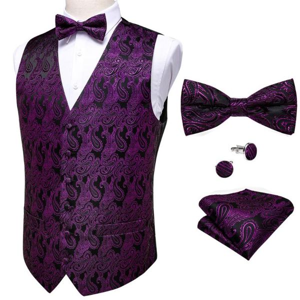 

men's vests barry.wang silk vest classic purple waistcoat party wedding paisley jacquard hanky bow tie cufflinks set dibangu, Black;white