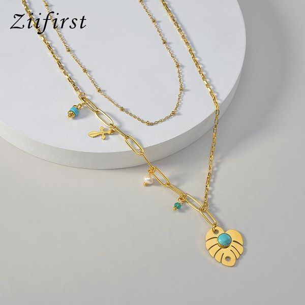 

chains ziifirst stainless steel oval blue stone pearl leaf women choker necklace bohe cross crystal 2 layers wedding jewelry gift, Silver