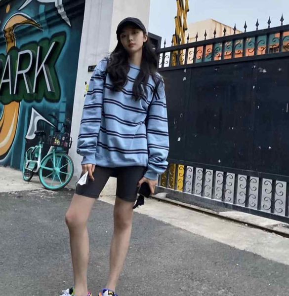 

hoodies 2021 autumn and winter women's haze blue loose striped casual plus velvet sweatshirt wc48, Black