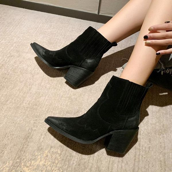 

boots leather women genuine pointed toe mid heel ankle thick square slip on western cowboy 2021, Black