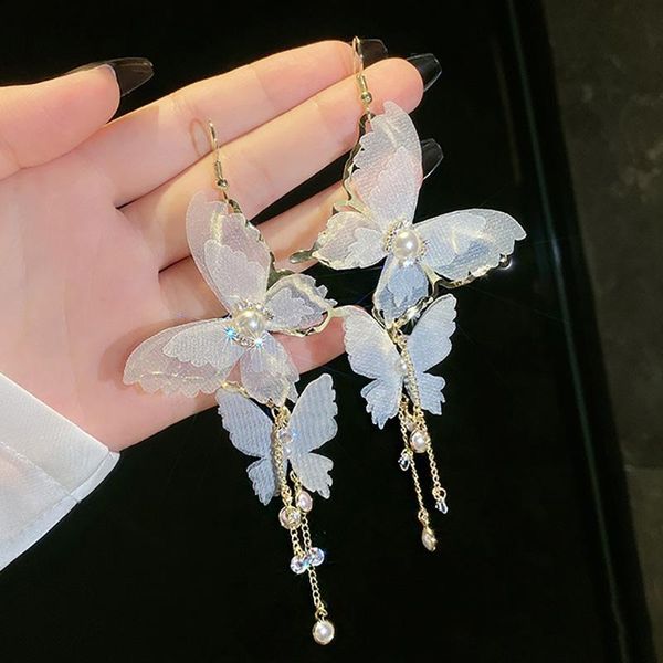 

dangle & chandelier long tassel transparent yarn butterfly pearl earring drop earrings for women girl party dress jewelry gifts earrrings, Silver