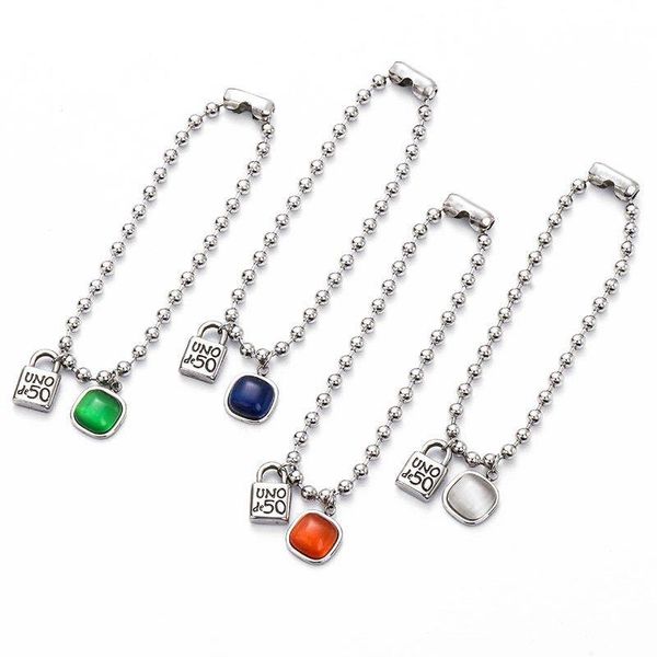 

charm bracelets unode 50 jewelry vintage 4mm bead chain lock 4 colors red blue green opal pendant bracelet for men and women, Golden;silver