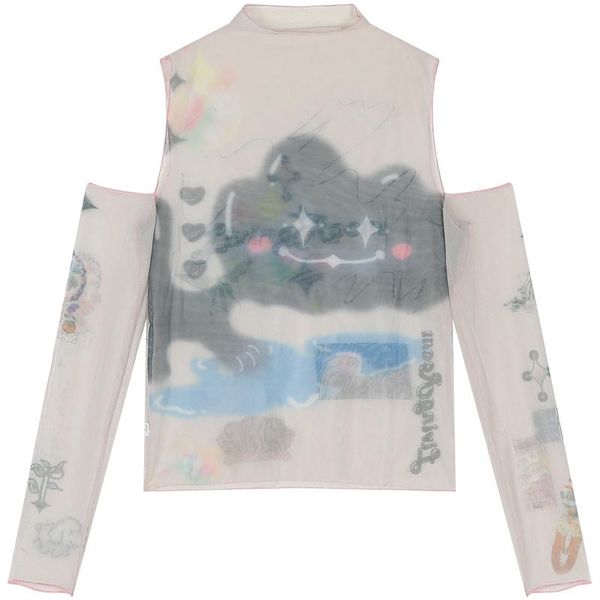 

cartoon print mesh shirt women off shoulder stand collar elastic soft sheath bodycon t sweet casual cute summer women's t-shirt, White