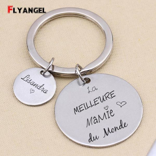 

keychains round french customized name lettering key chains letterings"la meilleure mamie du monde"keyrings gifts for grandmother, Silver