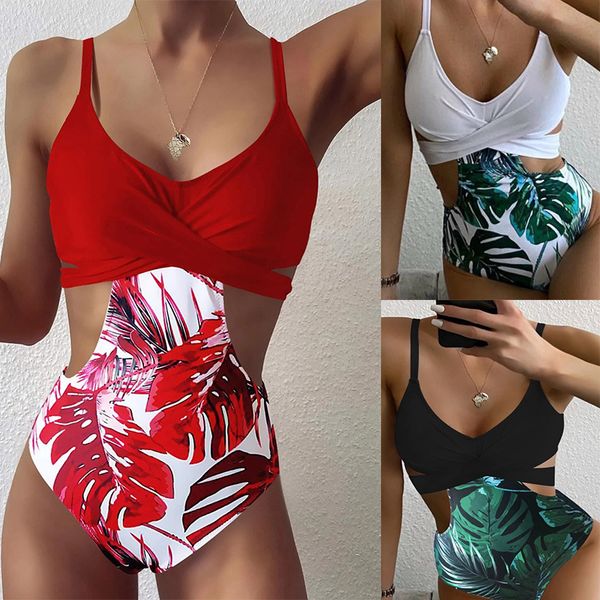 

swimsuit 2021 women's leaves multi color one piece bikini, Black;white