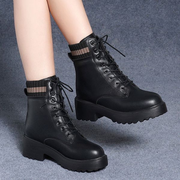 

shoes winter women short boots ankle british style platforms shoes microfiber leather round toe square heel footware black kdcr