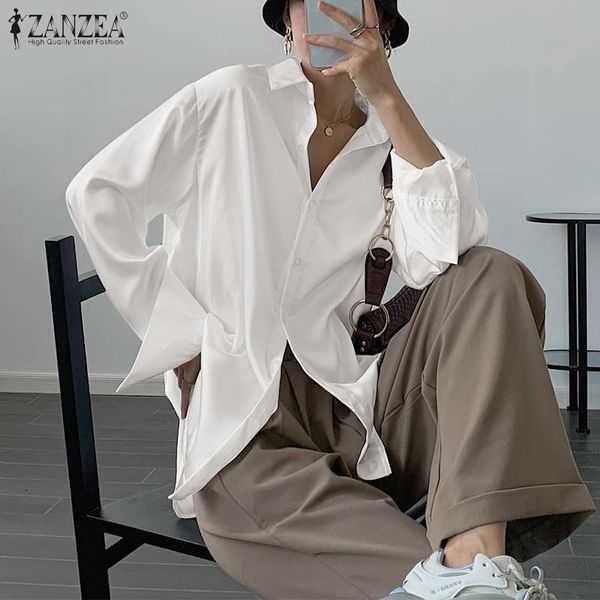 

women's blouses & shirts elegant loose party 2022 women satin silk long sleeve blouse casual lapel ladies office solid button bl, White