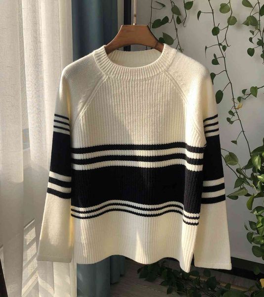 

sweater round neck striped black and white contrast knit pullover nm6u, White;black