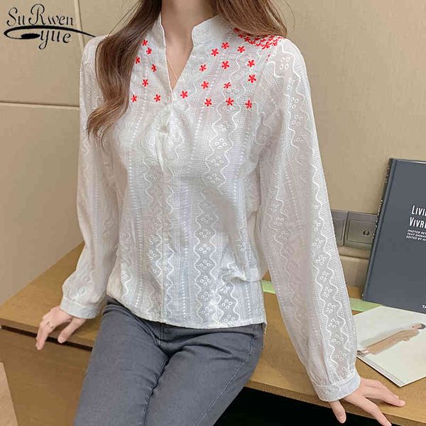 

korean style elegant v-neck long sleeve embroidered women's shirt autumn casual white slim lace blouses women 11301 210427
